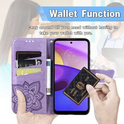 Imprinted Butterfly Flower Pattern Scratch-resistant Fashionable PU Leather + TPU Shockproof Phone Case Flip Stand Cover with Strap for Motorola Moto E30 / E40