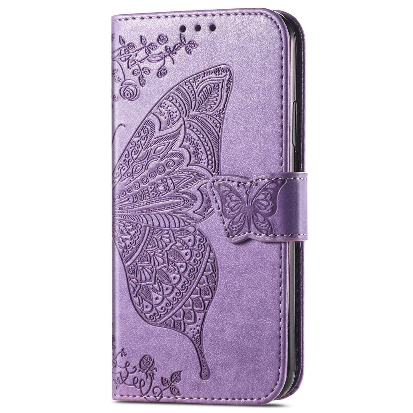 Imprinted Butterfly Flower Pattern Scratch-resistant Fashionable PU Leather + TPU Shockproof Phone Case Flip Stand Cover with Strap for Motorola Moto E30 / E40