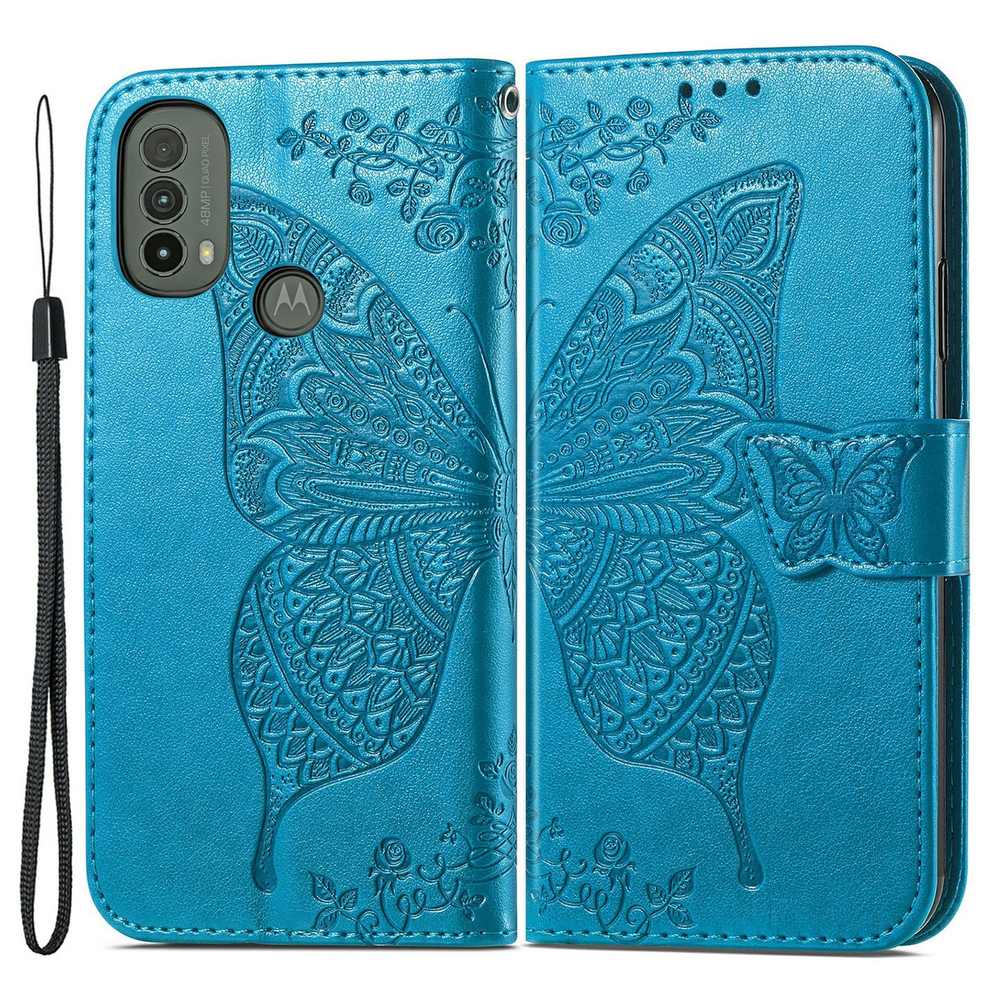 Imprinted Butterfly Flower Pattern Scratch-resistant Fashionable PU Leather + TPU Shockproof Phone Case Flip Stand Cover with Strap for Motorola Moto E30 / E40