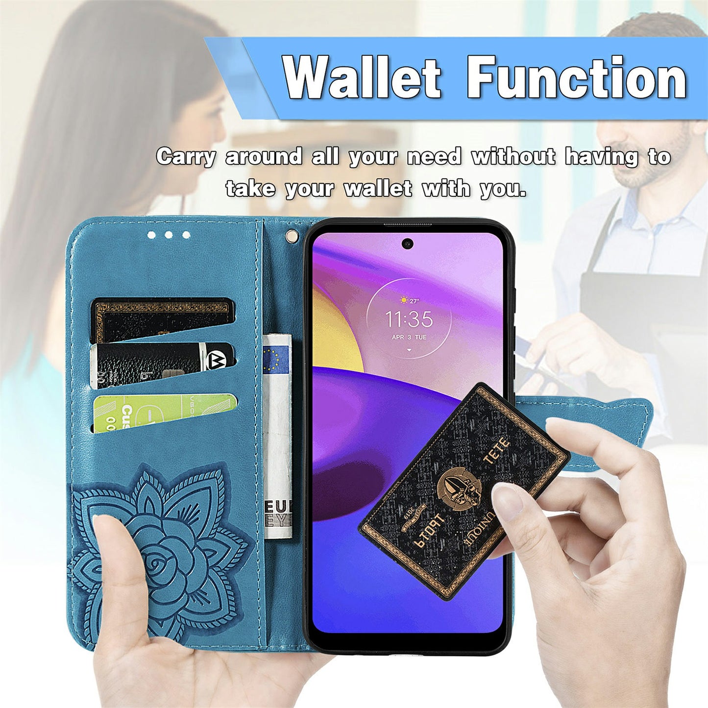 Imprinted Butterfly Flower Pattern Scratch-resistant Fashionable PU Leather + TPU Shockproof Phone Case Flip Stand Cover with Strap for Motorola Moto E30 / E40