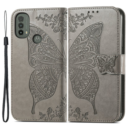 Imprinted Butterfly Flower Pattern Scratch-resistant Fashionable PU Leather + TPU Shockproof Phone Case Flip Stand Cover with Strap for Motorola Moto E30 / E40