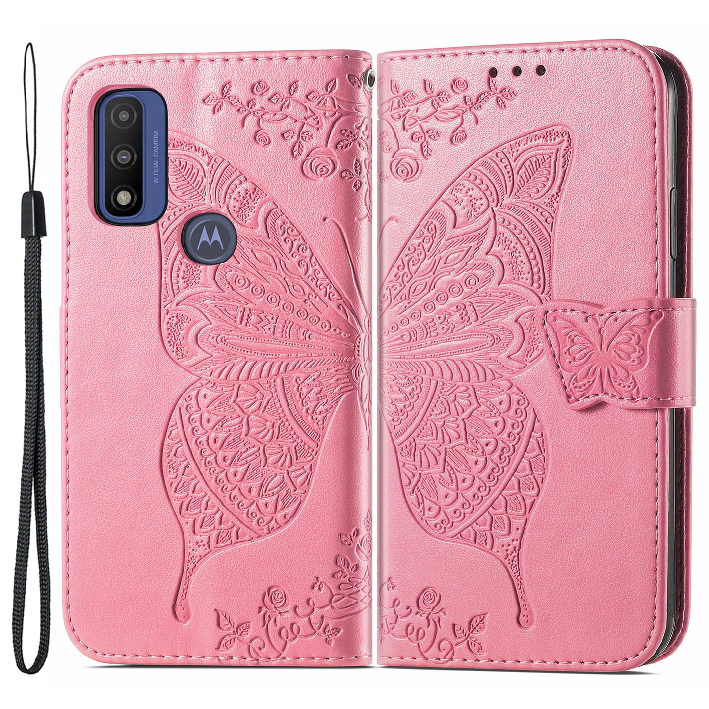 PU Leather Butterfly Flower Imprinted Flip Case Stand Magnetic Closure Protective Cover with Strap for Motorola G Pure