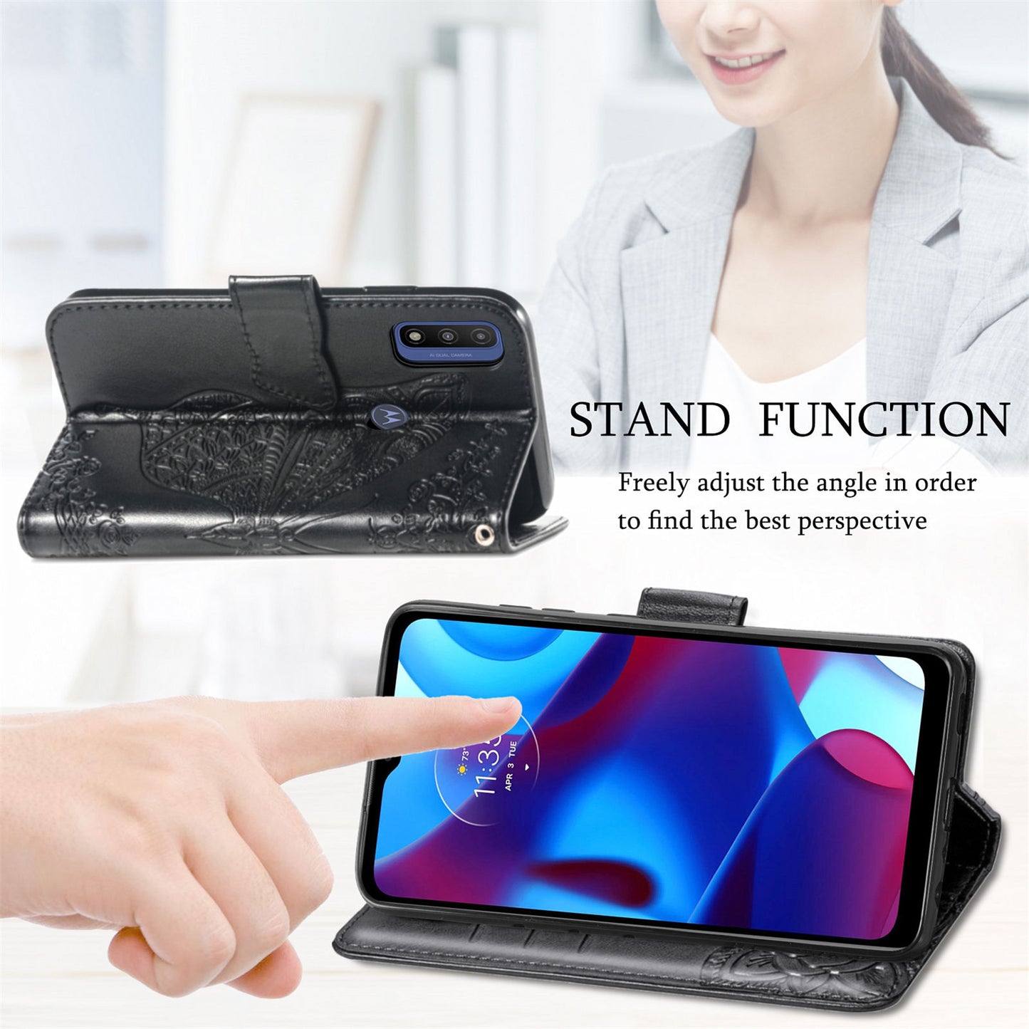 PU Leather Butterfly Flower Imprinted Flip Case Stand Magnetic Closure Protective Cover with Strap for Motorola G Pure