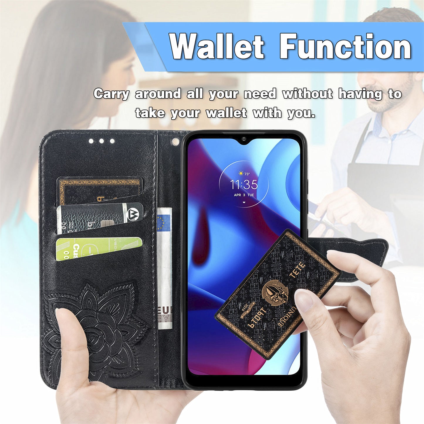 PU Leather Butterfly Flower Imprinted Flip Case Stand Magnetic Closure Protective Cover with Strap for Motorola G Pure