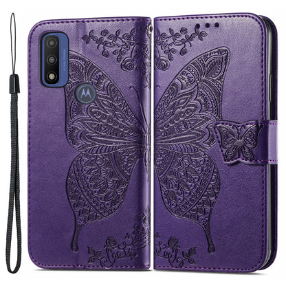 PU Leather Butterfly Flower Imprinted Flip Case Stand Magnetic Closure Protective Cover with Strap for Motorola G Pure