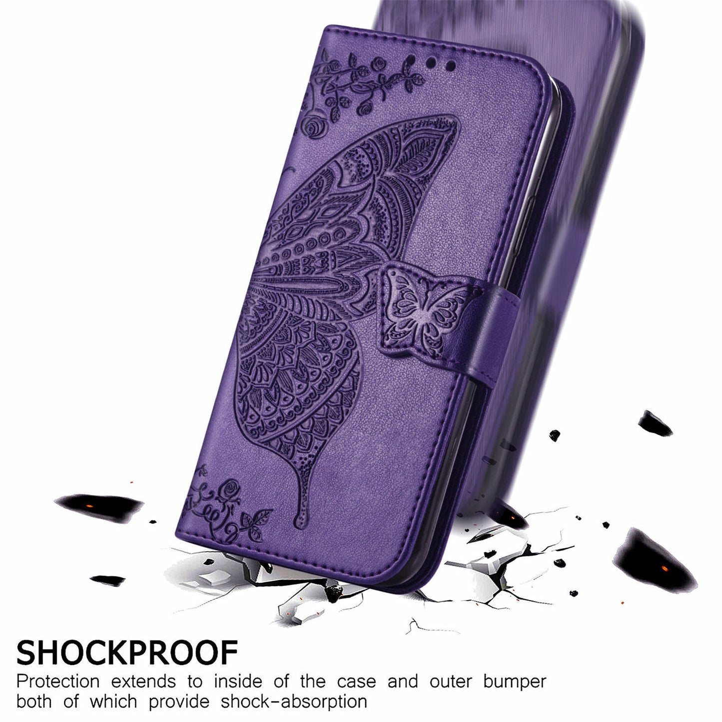 PU Leather Butterfly Flower Imprinted Flip Case Stand Magnetic Closure Protective Cover with Strap for Motorola G Pure