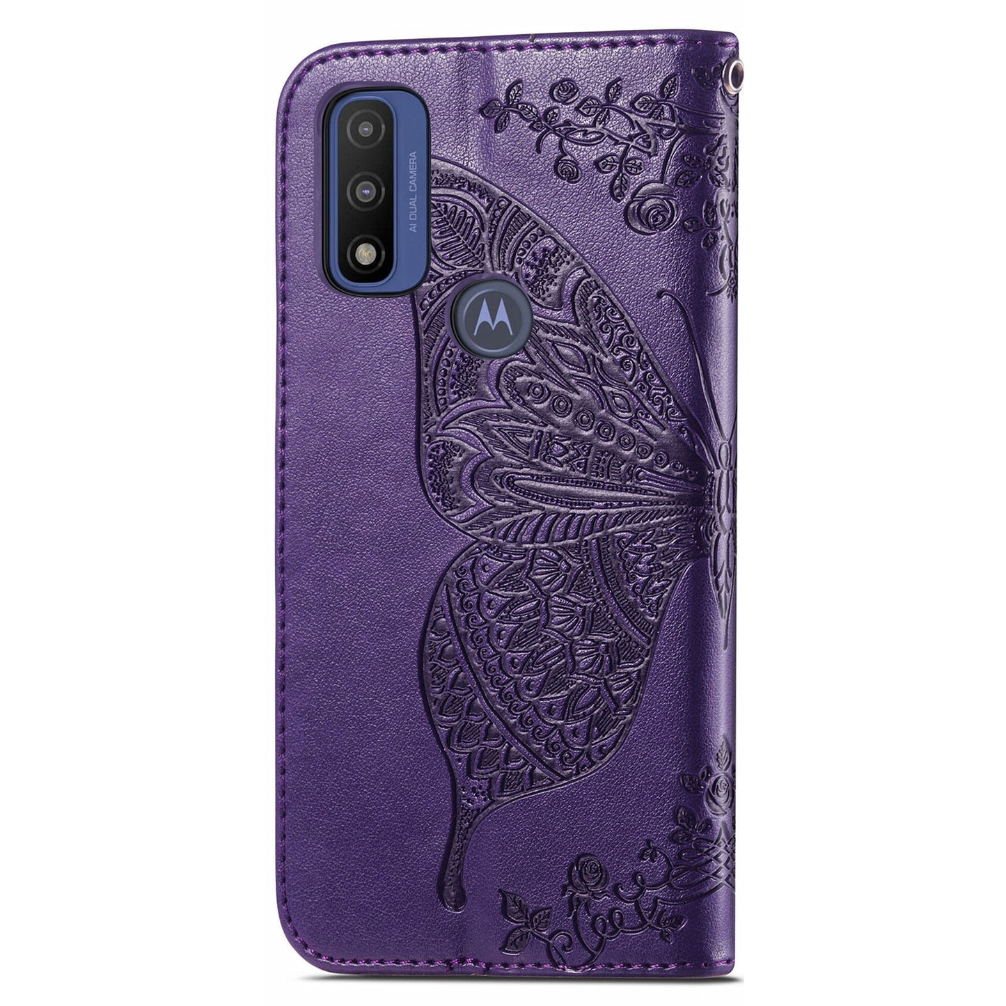 PU Leather Butterfly Flower Imprinted Flip Case Stand Magnetic Closure Protective Cover with Strap for Motorola G Pure