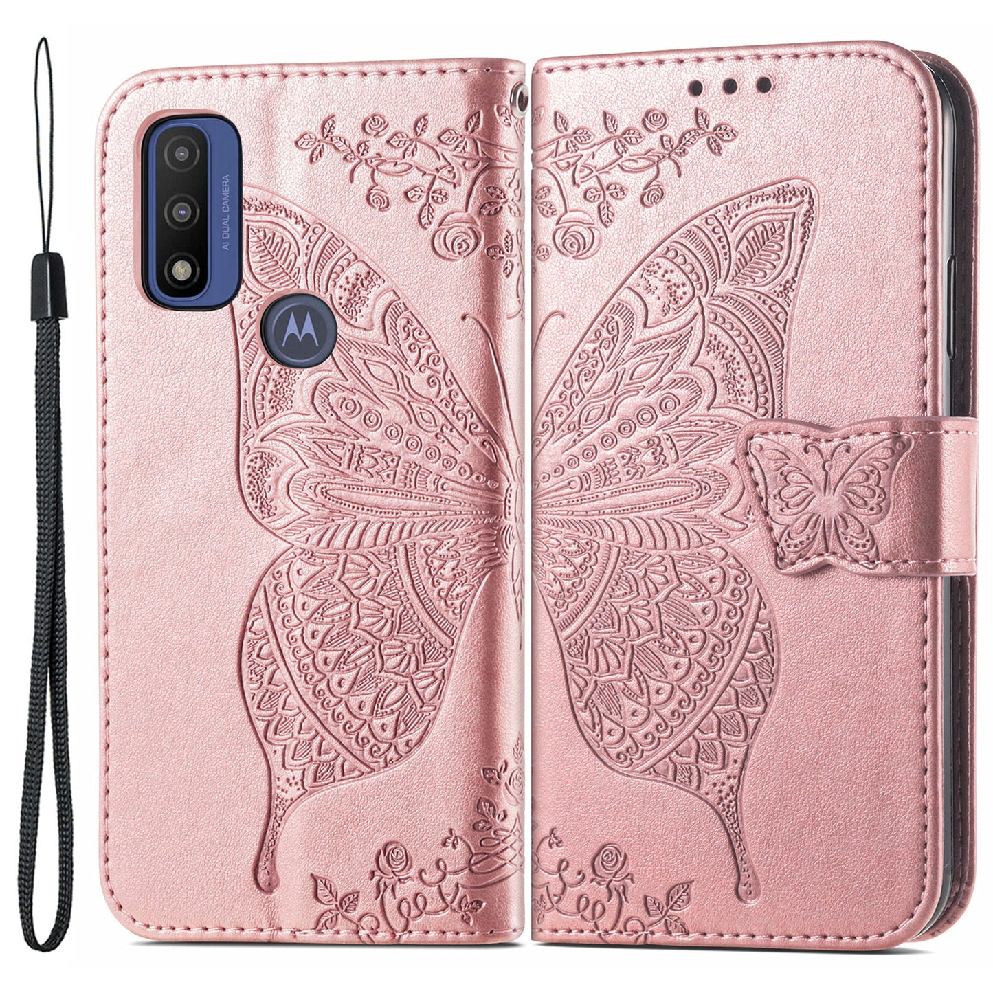 PU Leather Butterfly Flower Imprinted Flip Case Stand Magnetic Closure Protective Cover with Strap for Motorola G Pure