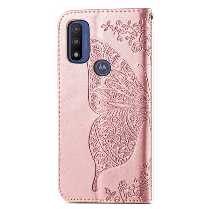 PU Leather Butterfly Flower Imprinted Flip Case Stand Magnetic Closure Protective Cover with Strap for Motorola G Pure