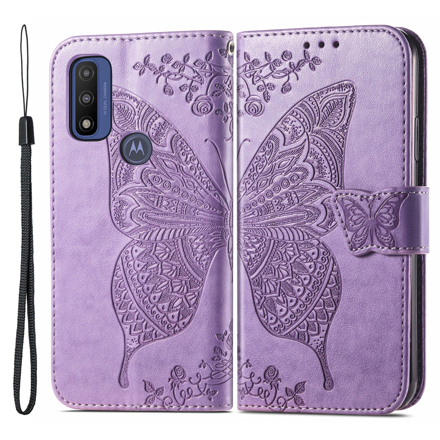 PU Leather Butterfly Flower Imprinted Flip Case Stand Magnetic Closure Protective Cover with Strap for Motorola G Pure