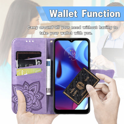 PU Leather Butterfly Flower Imprinted Flip Case Stand Magnetic Closure Protective Cover with Strap for Motorola G Pure