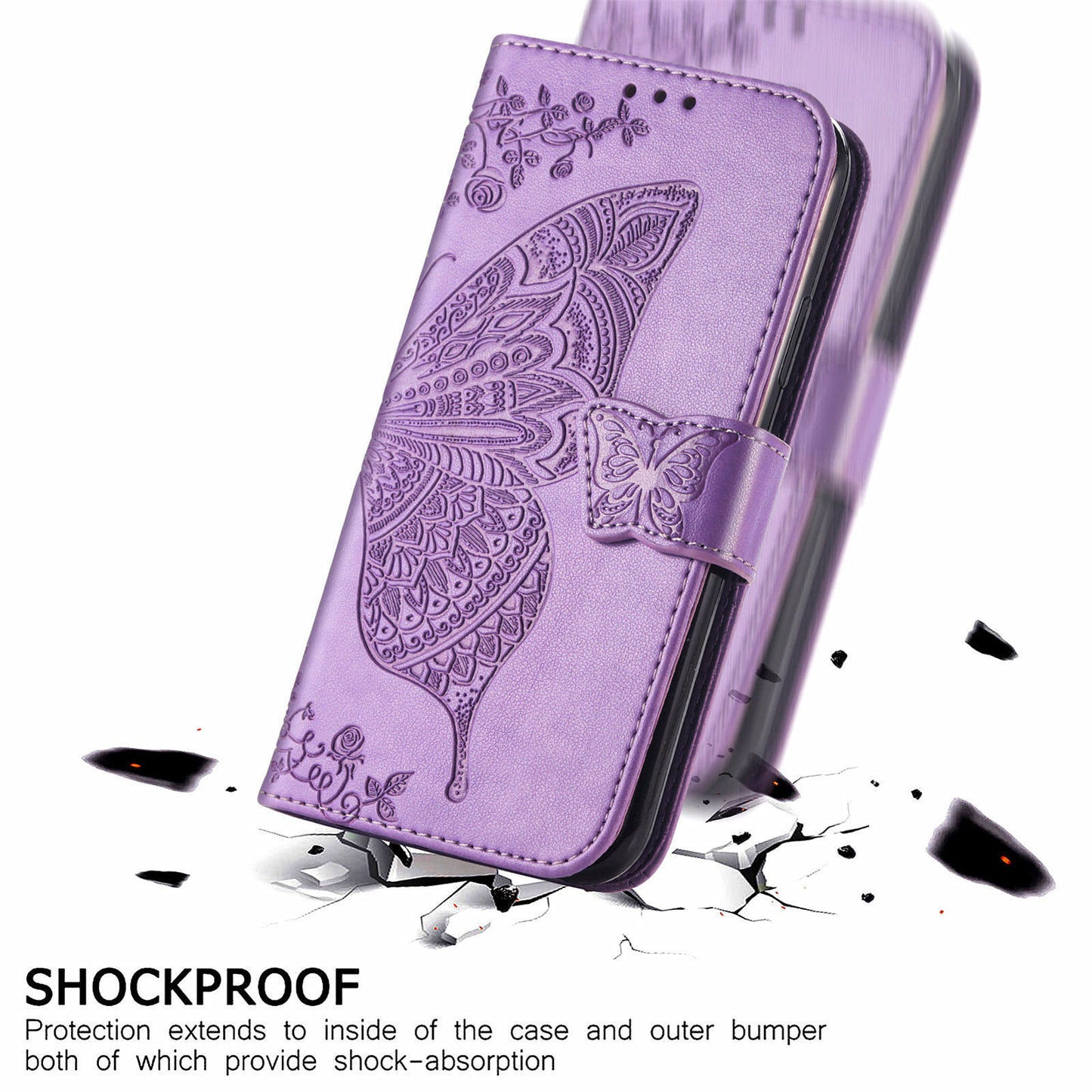 PU Leather Butterfly Flower Imprinted Flip Case Stand Magnetic Closure Protective Cover with Strap for Motorola G Pure