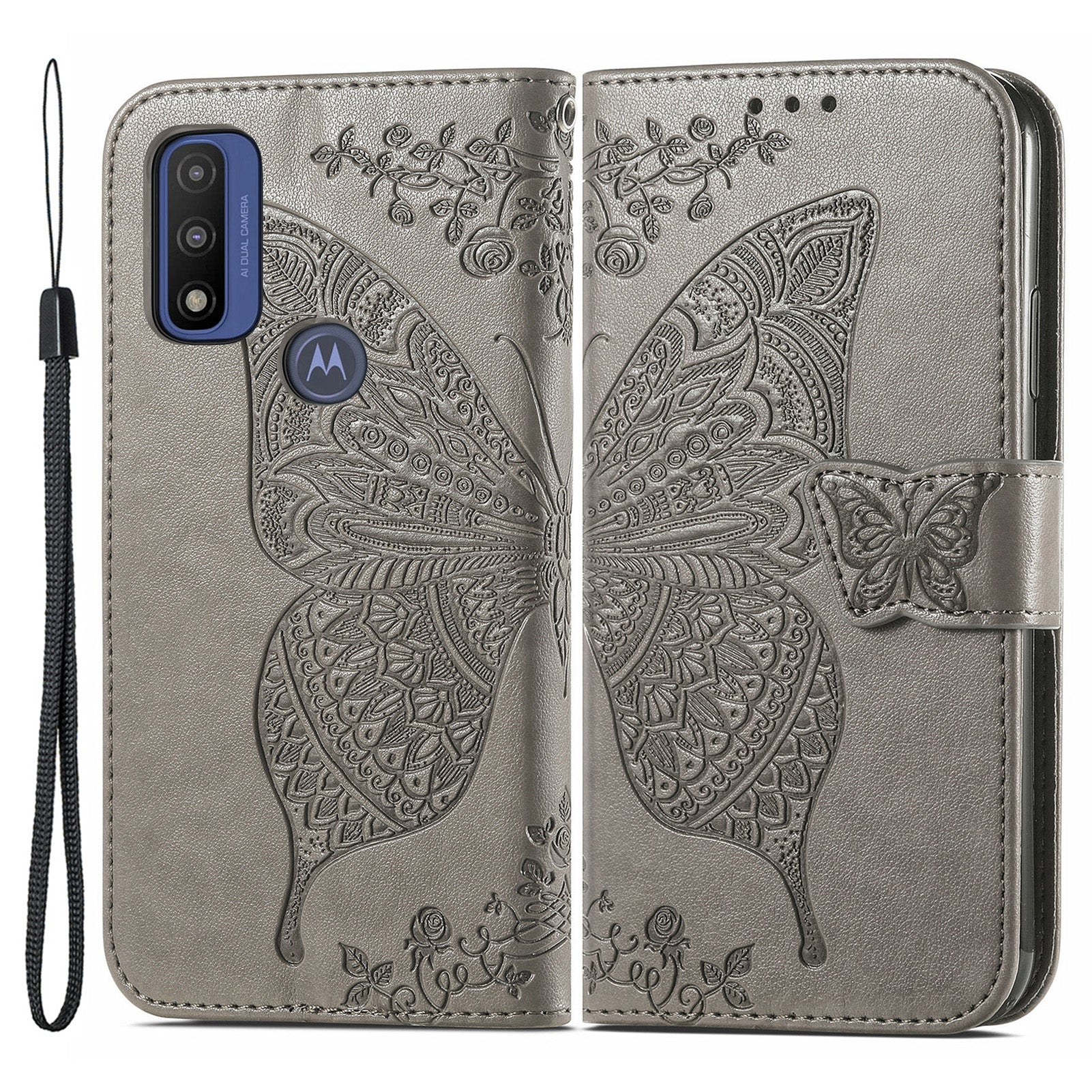 PU Leather Butterfly Flower Imprinted Flip Case Stand Magnetic Closure Protective Cover with Strap for Motorola G Pure