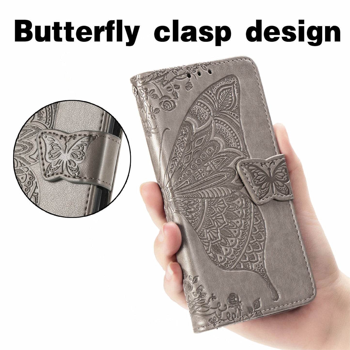 PU Leather Butterfly Flower Imprinted Flip Case Stand Magnetic Closure Protective Cover with Strap for Motorola G Pure