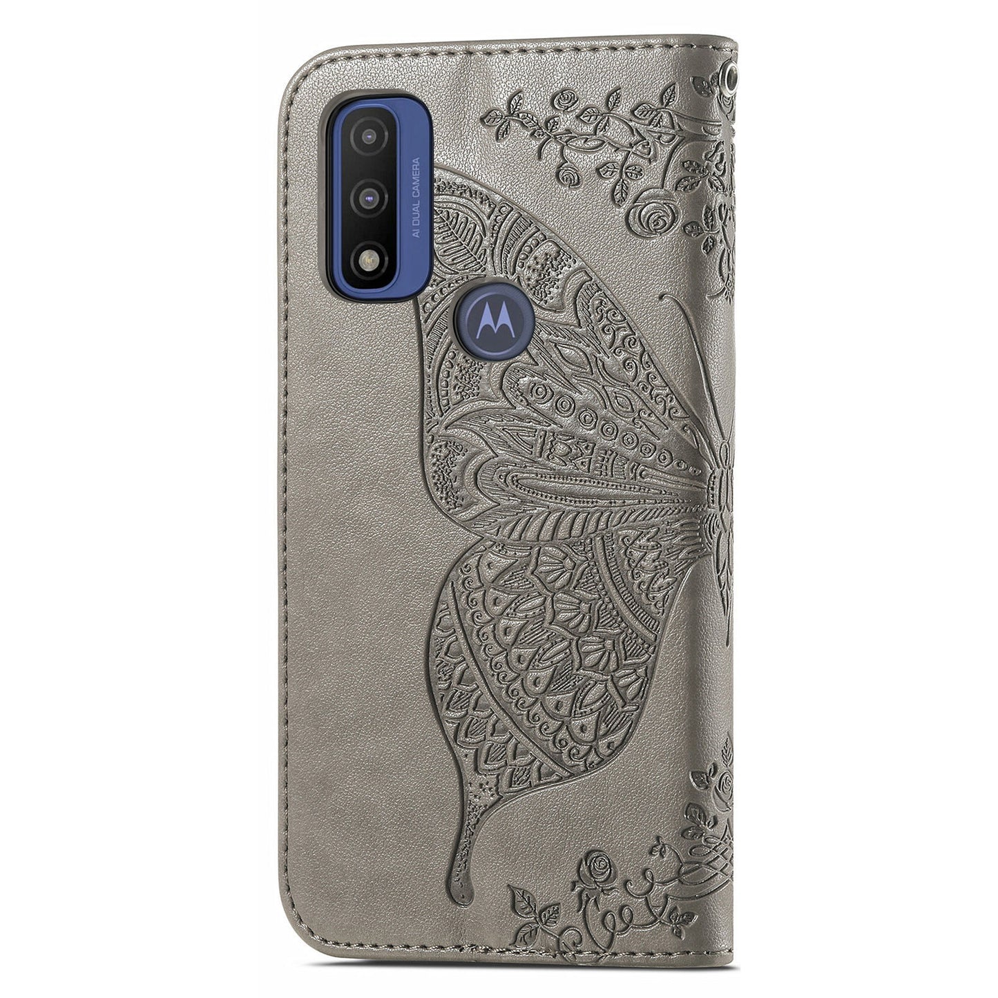 PU Leather Butterfly Flower Imprinted Flip Case Stand Magnetic Closure Protective Cover with Strap for Motorola G Pure