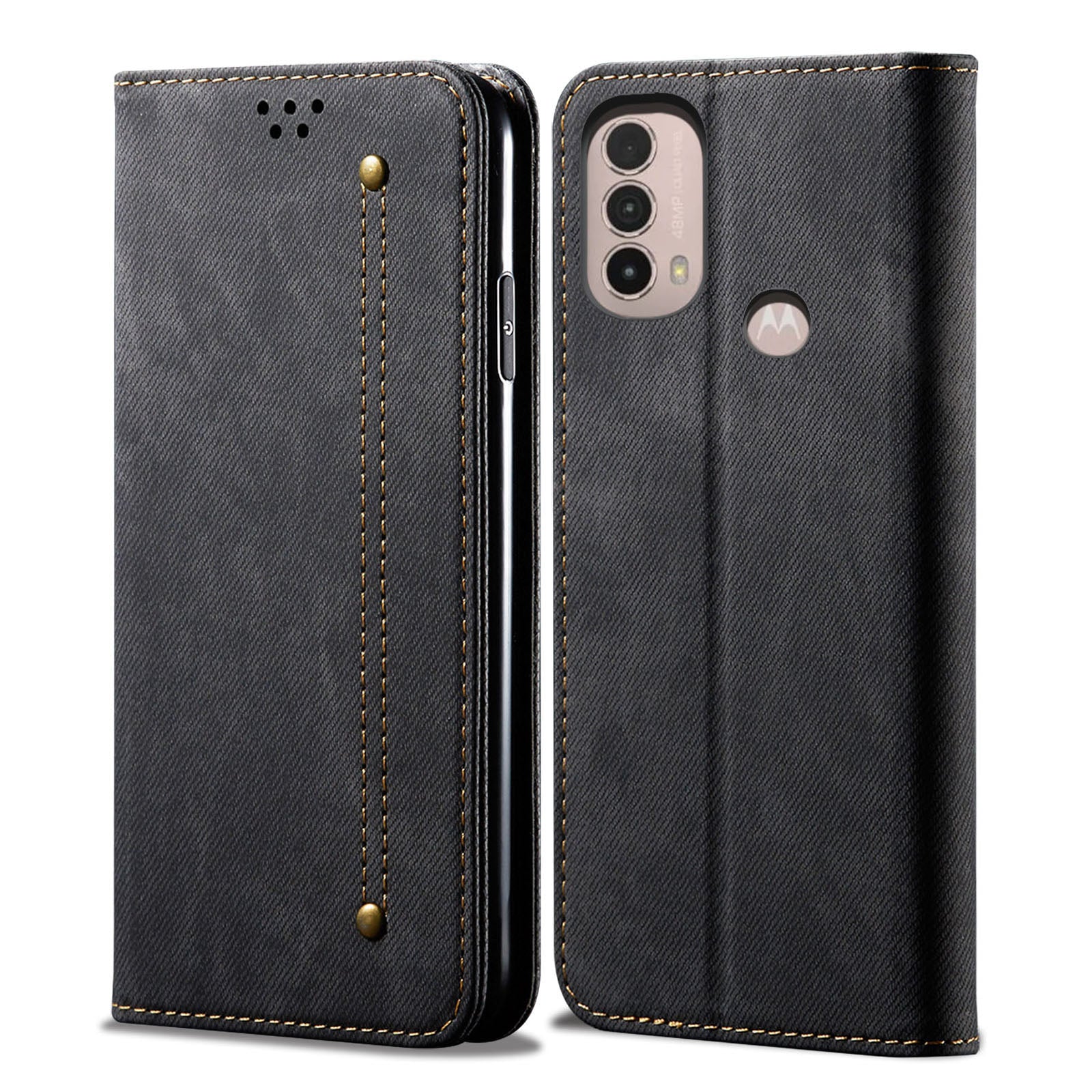 Protective Flip Phone Cover PU Leather+TPU Phone Case Jeans Cloth Texture Wallet for Motorola Moto E20