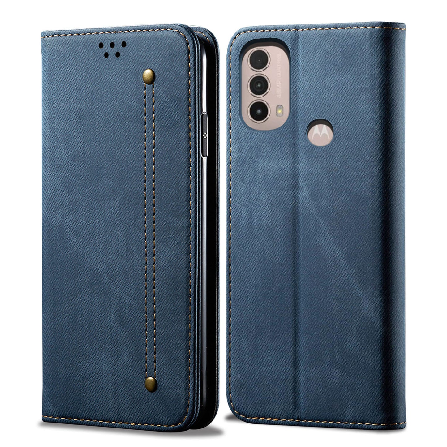 Protective Flip Phone Cover PU Leather+TPU Phone Case Jeans Cloth Texture Wallet for Motorola Moto E20