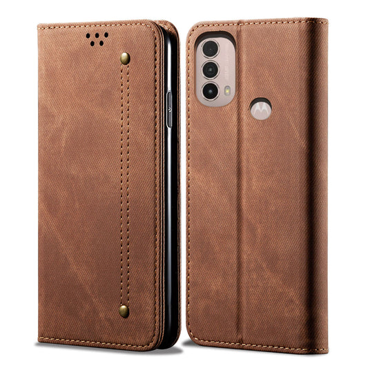 Protective Flip Phone Cover PU Leather+TPU Phone Case Jeans Cloth Texture Wallet for Motorola Moto E20