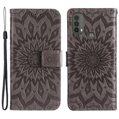 KT Imprinting Flower Series-1 Mandala Sun Pattern Imprinted PU Leather Wallet Stand Flip Cover with Strap for Motorola Moto E20 / E30 / E40