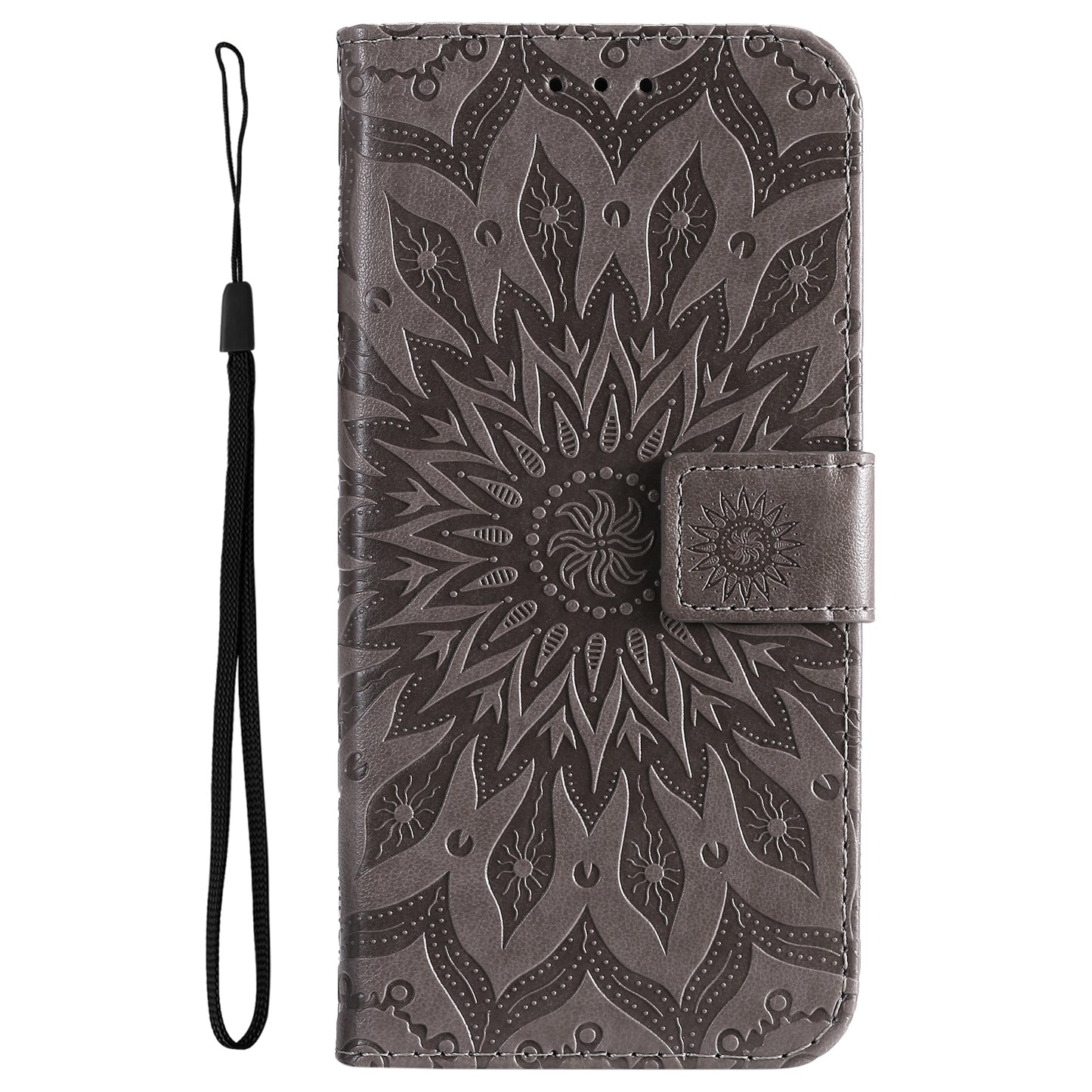 KT Imprinting Flower Series-1 Mandala Sun Pattern Imprinted PU Leather Wallet Stand Flip Cover with Strap for Motorola Moto E20 / E30 / E40