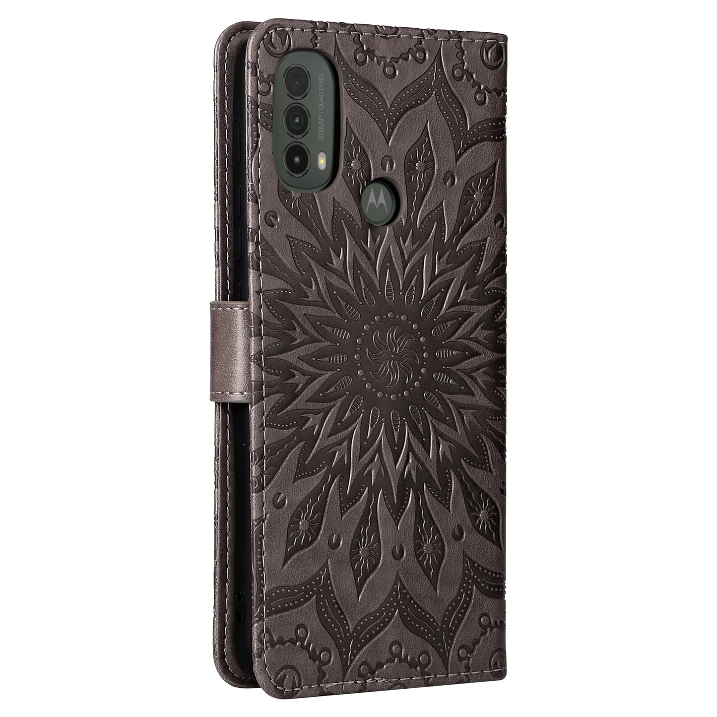 KT Imprinting Flower Series-1 Mandala Sun Pattern Imprinted PU Leather Wallet Stand Flip Cover with Strap for Motorola Moto E20 / E30 / E40