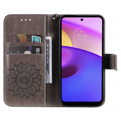 KT Imprinting Flower Series-1 Mandala Sun Pattern Imprinted PU Leather Wallet Stand Flip Cover with Strap for Motorola Moto E20 / E30 / E40