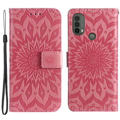 KT Imprinting Flower Series-1 Mandala Sun Pattern Imprinted PU Leather Wallet Stand Flip Cover with Strap for Motorola Moto E20 / E30 / E40