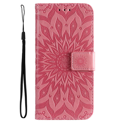 KT Imprinting Flower Series-1 Mandala Sun Pattern Imprinted PU Leather Wallet Stand Flip Cover with Strap for Motorola Moto E20 / E30 / E40