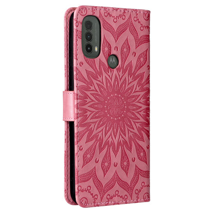 KT Imprinting Flower Series-1 Mandala Sun Pattern Imprinted PU Leather Wallet Stand Flip Cover with Strap for Motorola Moto E20 / E30 / E40