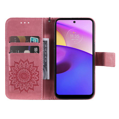 KT Imprinting Flower Series-1 Mandala Sun Pattern Imprinted PU Leather Wallet Stand Flip Cover with Strap for Motorola Moto E20 / E30 / E40