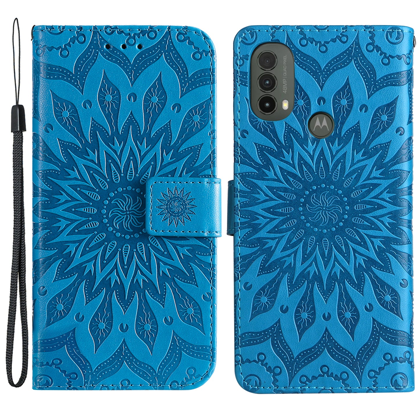 KT Imprinting Flower Series-1 Mandala Sun Pattern Imprinted PU Leather Wallet Stand Flip Cover with Strap for Motorola Moto E20 / E30 / E40