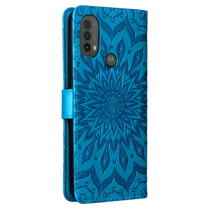 KT Imprinting Flower Series-1 Mandala Sun Pattern Imprinted PU Leather Wallet Stand Flip Cover with Strap for Motorola Moto E20 / E30 / E40