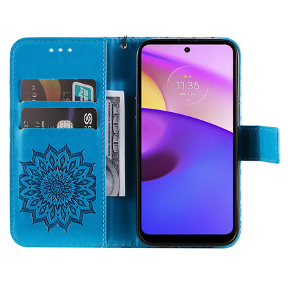 KT Imprinting Flower Series-1 Mandala Sun Pattern Imprinted PU Leather Wallet Stand Flip Cover with Strap for Motorola Moto E20 / E30 / E40