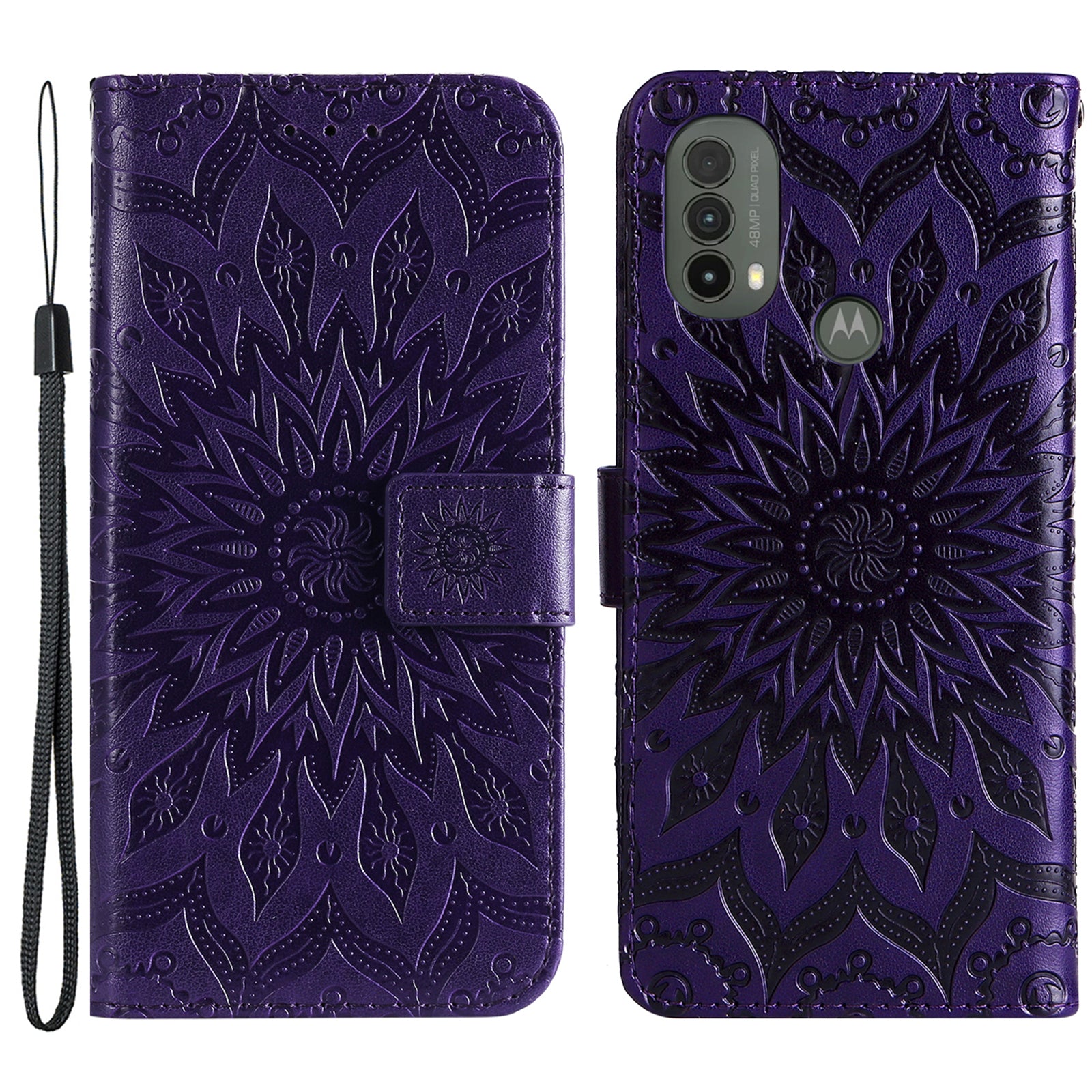 KT Imprinting Flower Series-1 Mandala Sun Pattern Imprinted PU Leather Wallet Stand Flip Cover with Strap for Motorola Moto E20 / E30 / E40