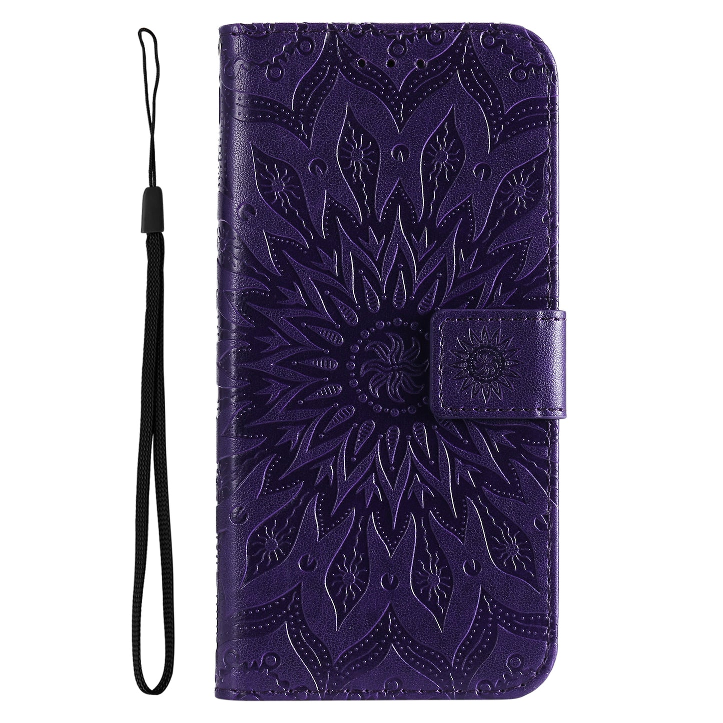 KT Imprinting Flower Series-1 Mandala Sun Pattern Imprinted PU Leather Wallet Stand Flip Cover with Strap for Motorola Moto E20 / E30 / E40