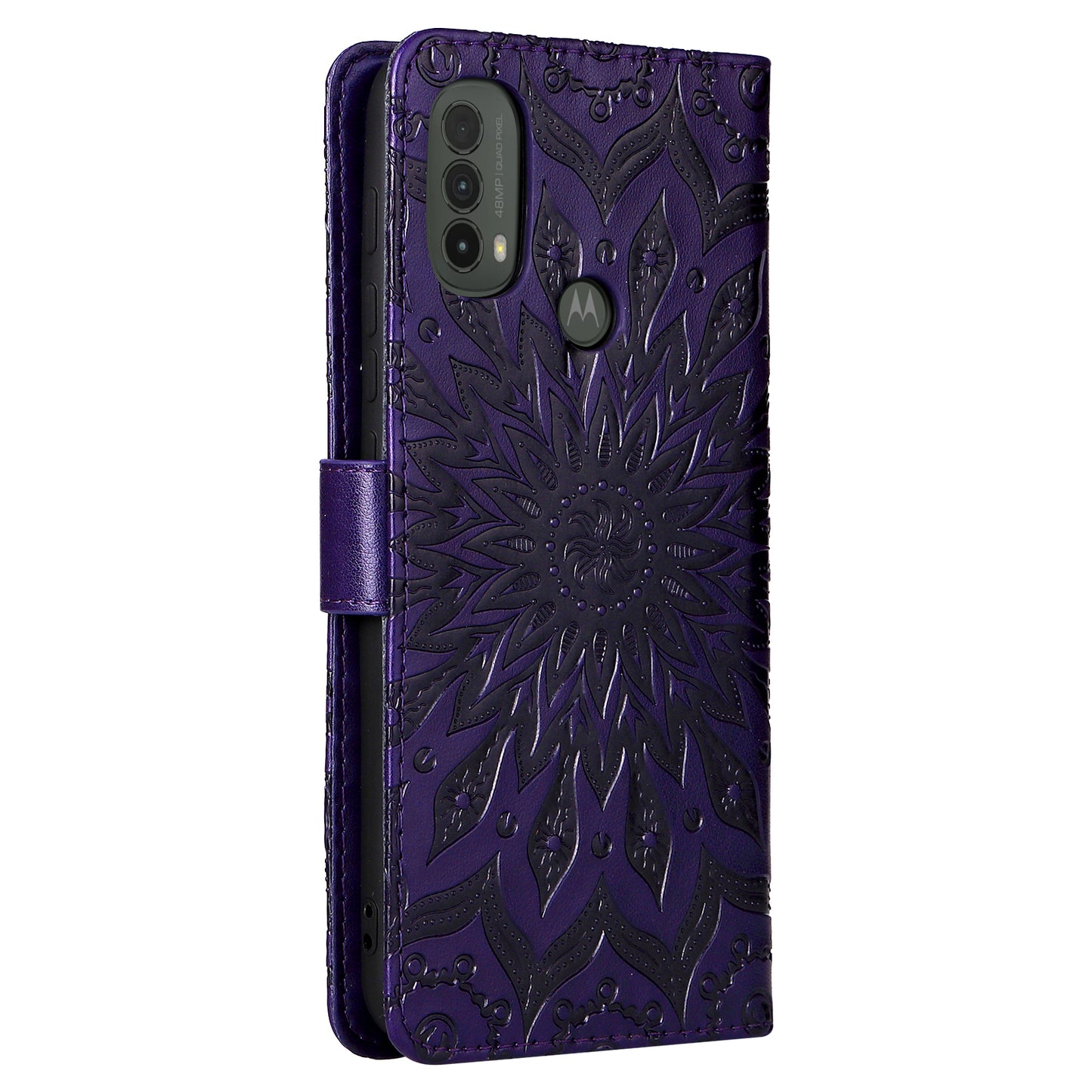 KT Imprinting Flower Series-1 Mandala Sun Pattern Imprinted PU Leather Wallet Stand Flip Cover with Strap for Motorola Moto E20 / E30 / E40