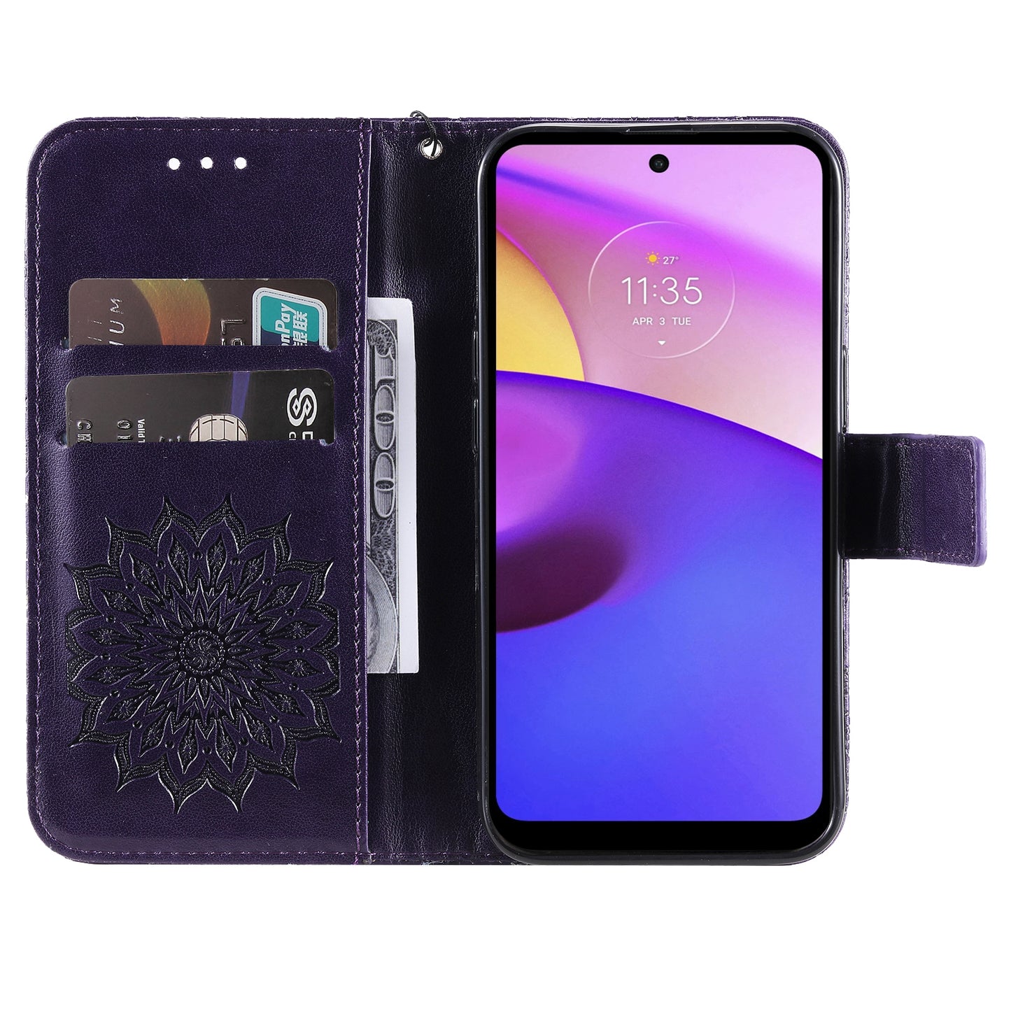 KT Imprinting Flower Series-1 Mandala Sun Pattern Imprinted PU Leather Wallet Stand Flip Cover with Strap for Motorola Moto E20 / E30 / E40