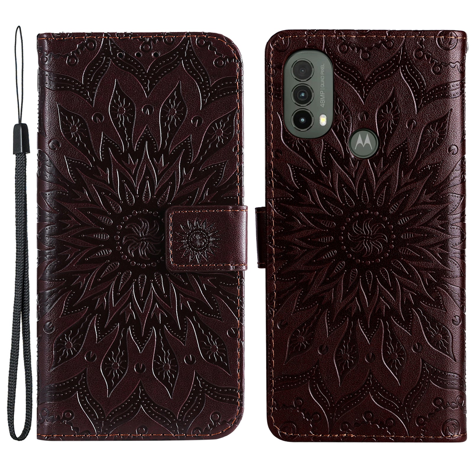 KT Imprinting Flower Series-1 Mandala Sun Pattern Imprinted PU Leather Wallet Stand Flip Cover with Strap for Motorola Moto E20 / E30 / E40