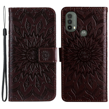 KT Imprinting Flower Series-1 Mandala Sun Pattern Imprinted PU Leather Wallet Stand Flip Cover with Strap for Motorola Moto E20 / E30 / E40