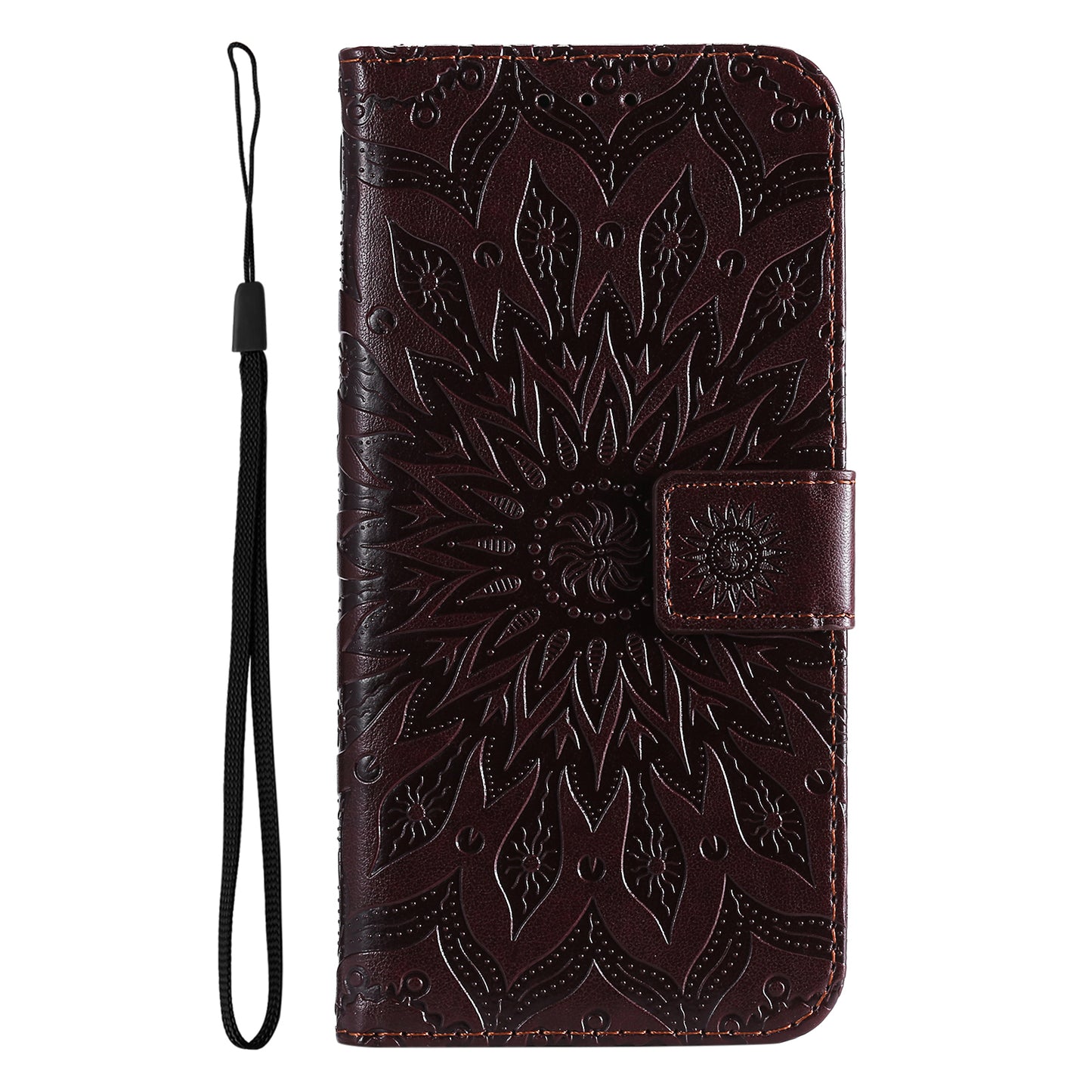 KT Imprinting Flower Series-1 Mandala Sun Pattern Imprinted PU Leather Wallet Stand Flip Cover with Strap for Motorola Moto E20 / E30 / E40