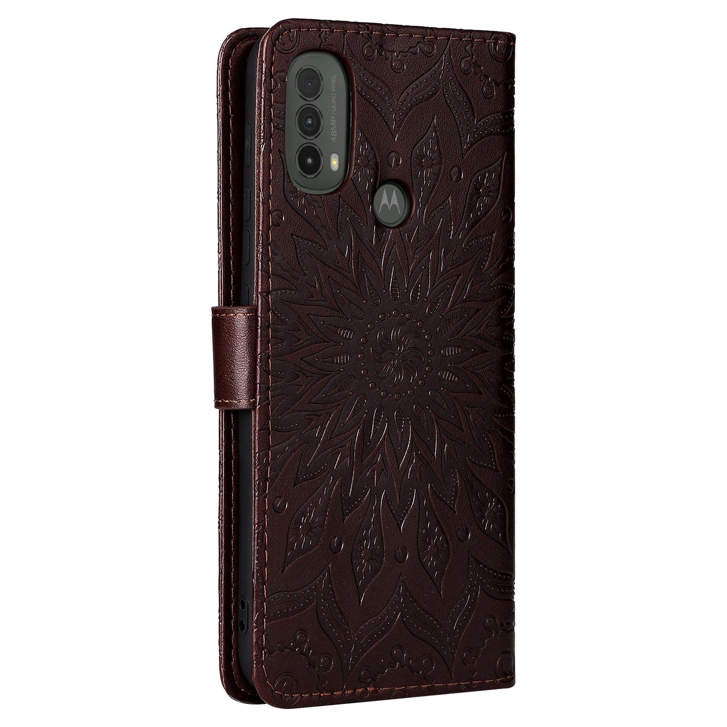 KT Imprinting Flower Series-1 Mandala Sun Pattern Imprinted PU Leather Wallet Stand Flip Cover with Strap for Motorola Moto E20 / E30 / E40