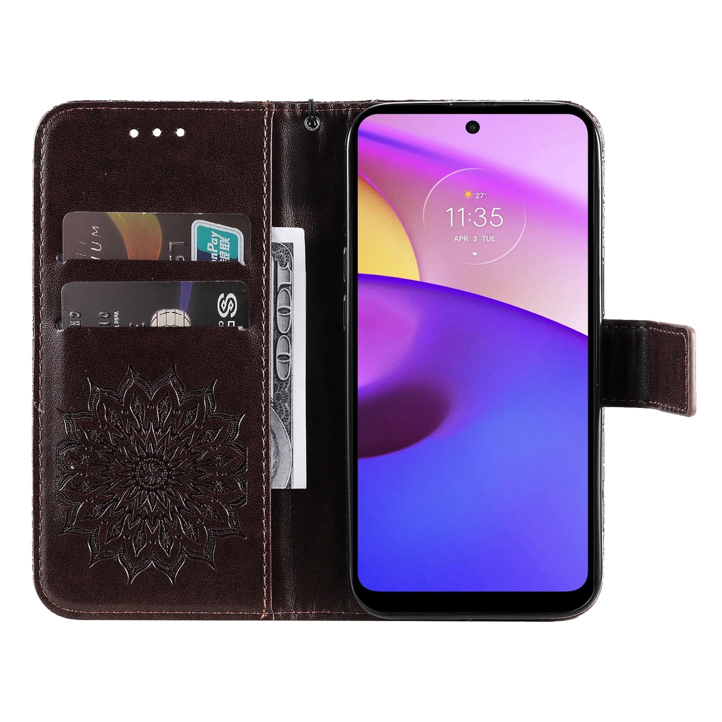 KT Imprinting Flower Series-1 Mandala Sun Pattern Imprinted PU Leather Wallet Stand Flip Cover with Strap for Motorola Moto E20 / E30 / E40