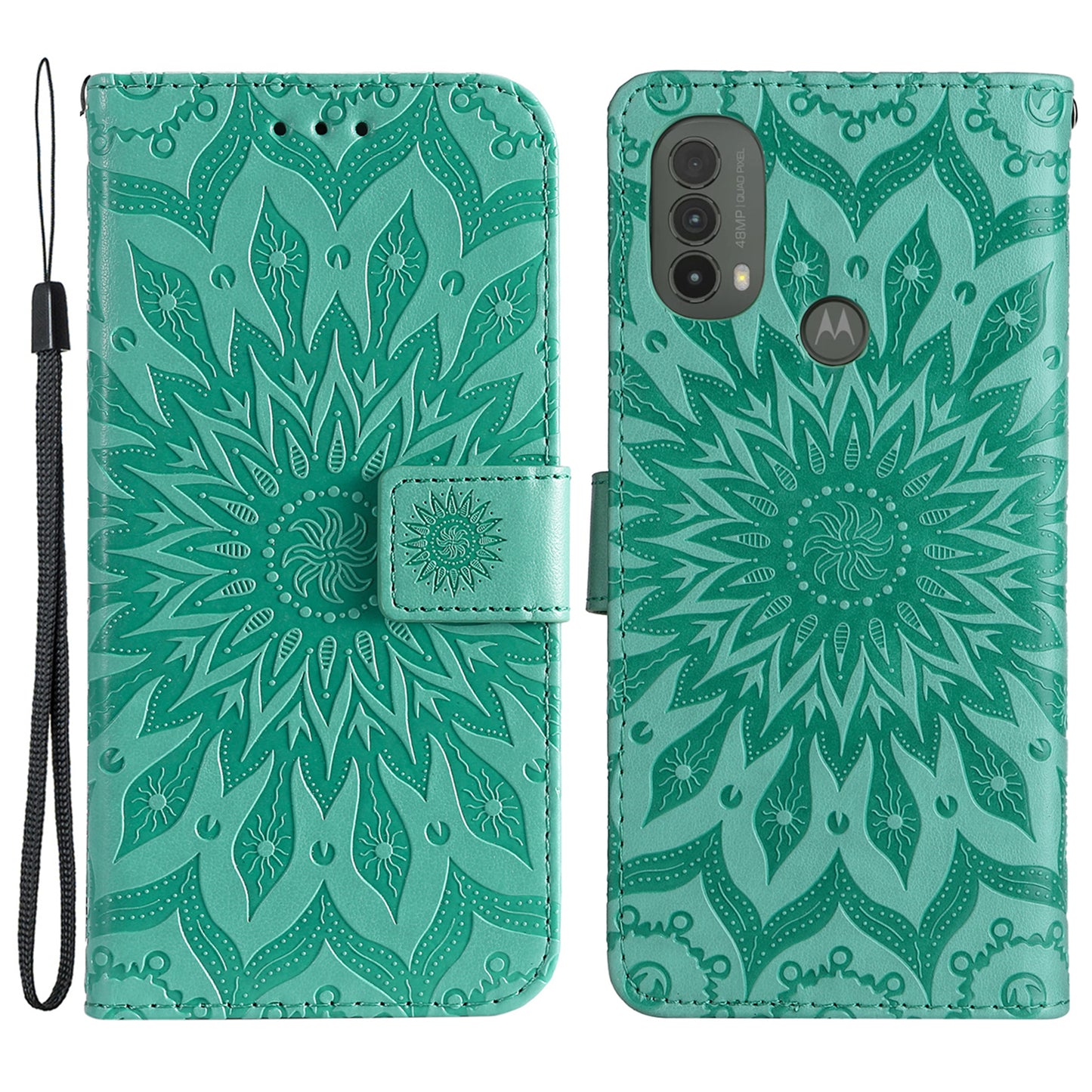 KT Imprinting Flower Series-1 Mandala Sun Pattern Imprinted PU Leather Wallet Stand Flip Cover with Strap for Motorola Moto E20 / E30 / E40