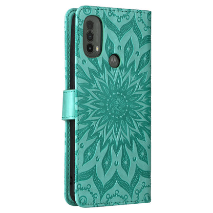 KT Imprinting Flower Series-1 Mandala Sun Pattern Imprinted PU Leather Wallet Stand Flip Cover with Strap for Motorola Moto E20 / E30 / E40