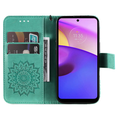 KT Imprinting Flower Series-1 Mandala Sun Pattern Imprinted PU Leather Wallet Stand Flip Cover with Strap for Motorola Moto E20 / E30 / E40