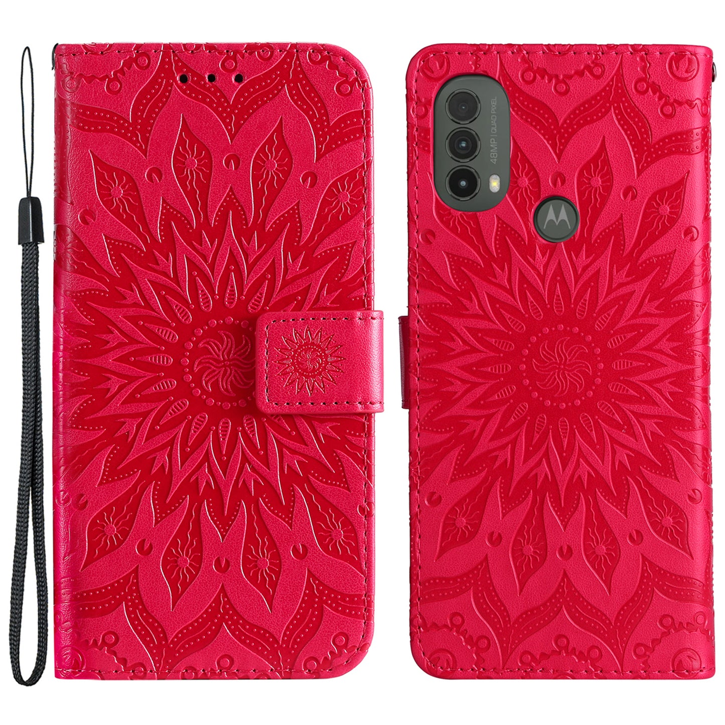 KT Imprinting Flower Series-1 Mandala Sun Pattern Imprinted PU Leather Wallet Stand Flip Cover with Strap for Motorola Moto E20 / E30 / E40