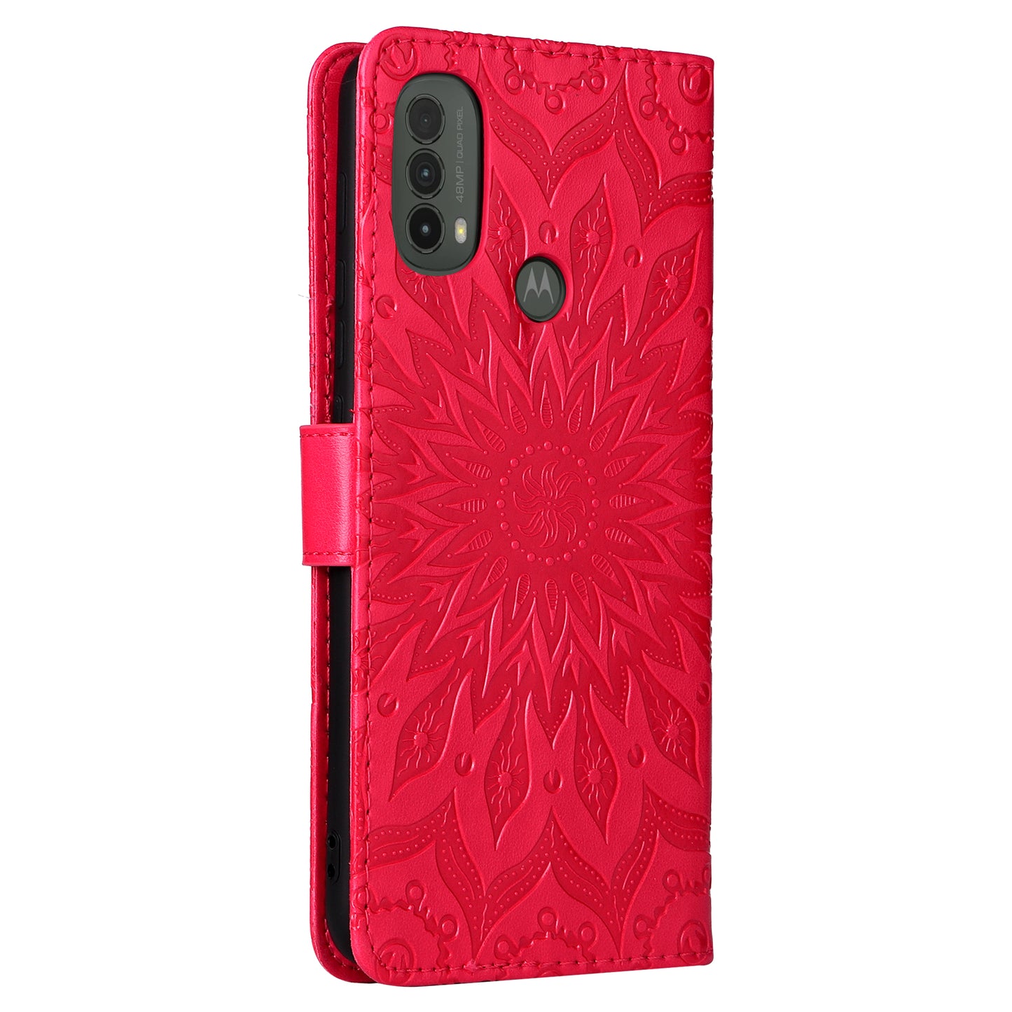 KT Imprinting Flower Series-1 Mandala Sun Pattern Imprinted PU Leather Wallet Stand Flip Cover with Strap for Motorola Moto E20 / E30 / E40