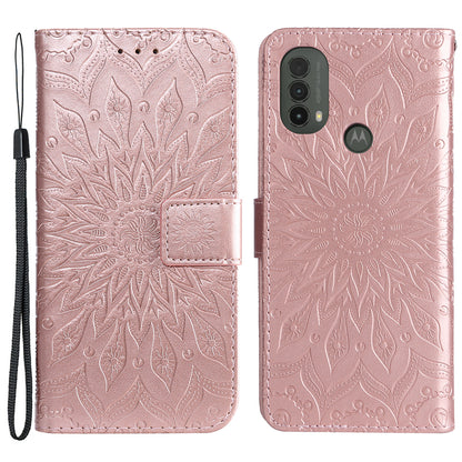 KT Imprinting Flower Series-1 Mandala Sun Pattern Imprinted PU Leather Wallet Stand Flip Cover with Strap for Motorola Moto E20 / E30 / E40