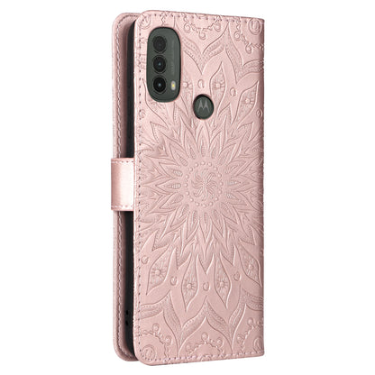 KT Imprinting Flower Series-1 Mandala Sun Pattern Imprinted PU Leather Wallet Stand Flip Cover with Strap for Motorola Moto E20 / E30 / E40