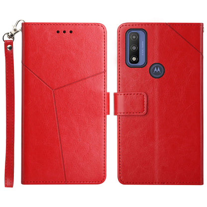 Imprinted Y-shaped Lines Magnetic PU Leather Stand Flip Wallet Phone Cover with Strap for Motorola G Pure